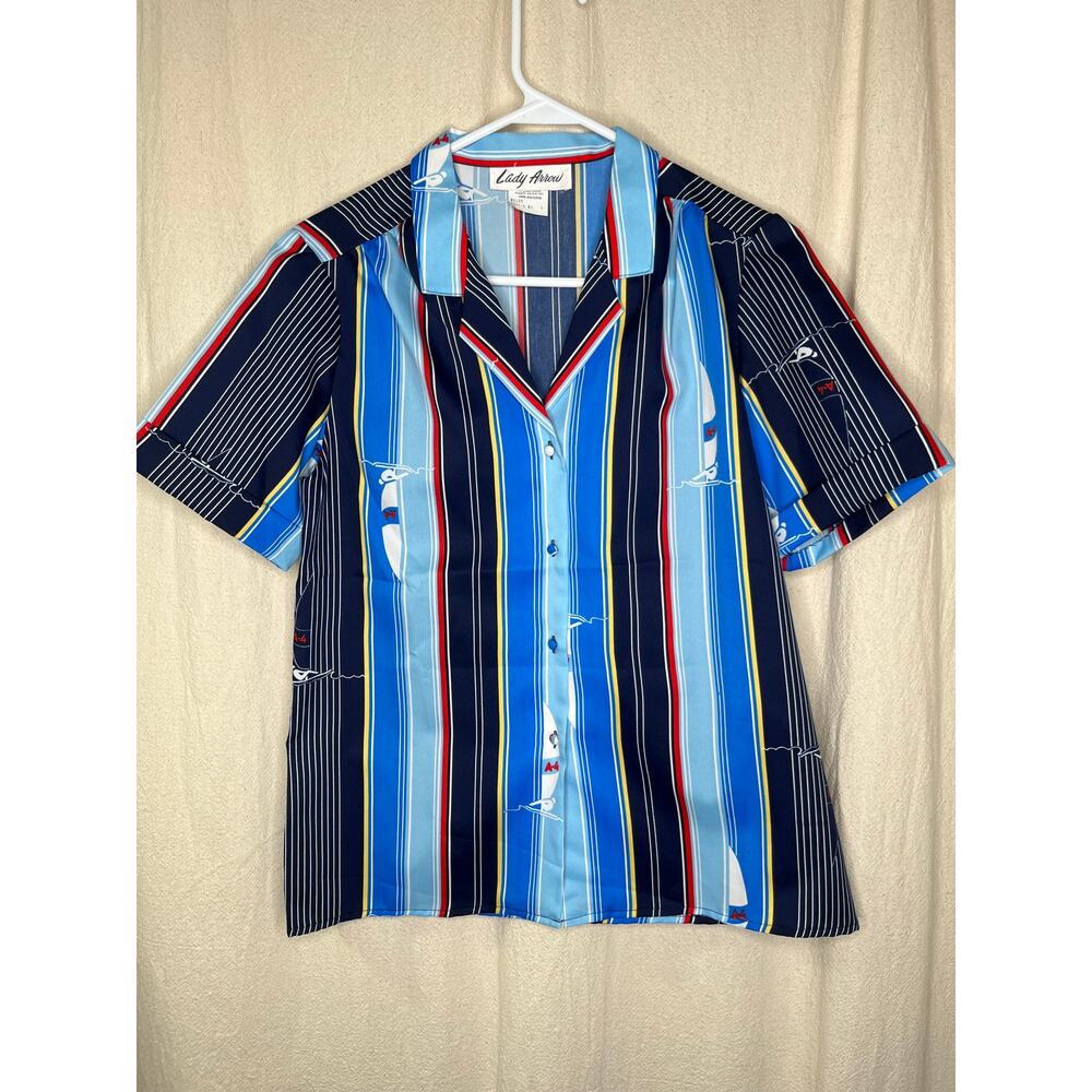 1970s Lady Arrow Nautical Stripe Patriotic Coastal Sailboat Open Collar Shirt M